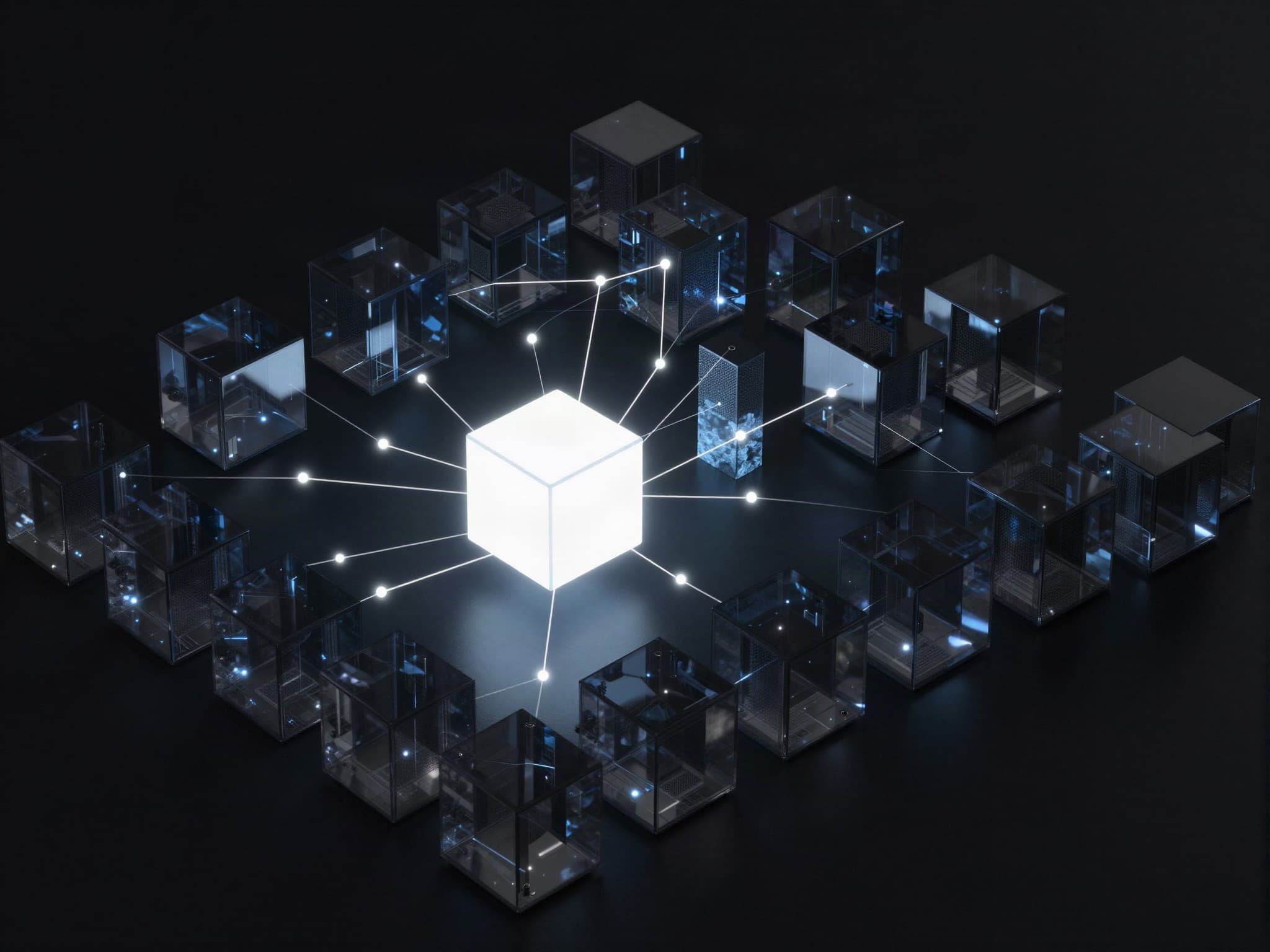 A glowing control node connected to a grid of containers